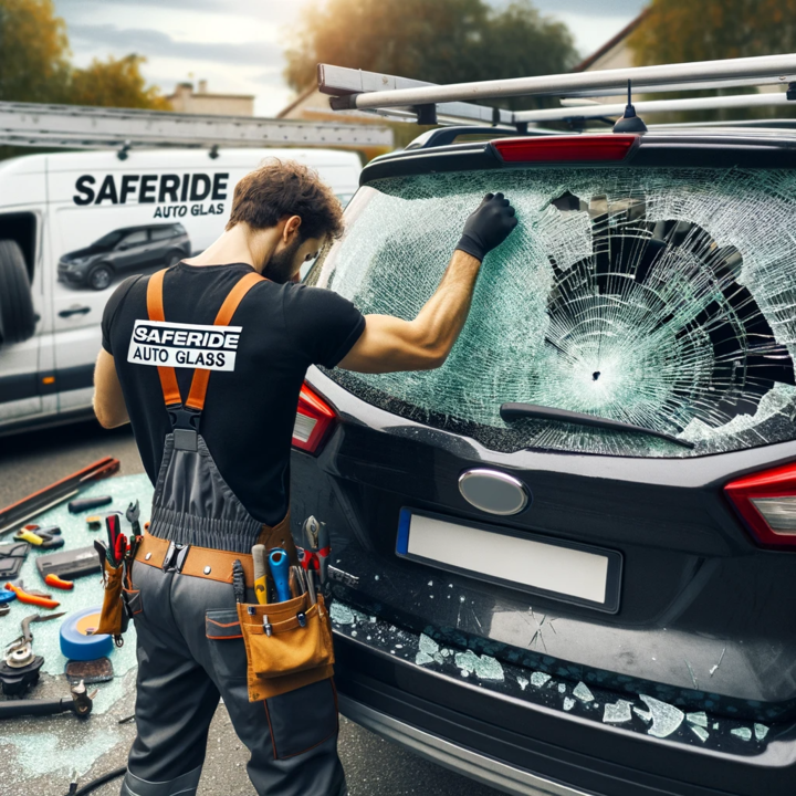 Car back window glass replacement, showing the process of removing the damaged glass and installing the new window.