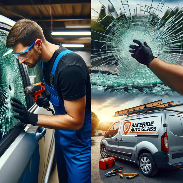 Car side window glass replacement service, showing a technician carefully removing the old glass and installing the new, with a blurred background.